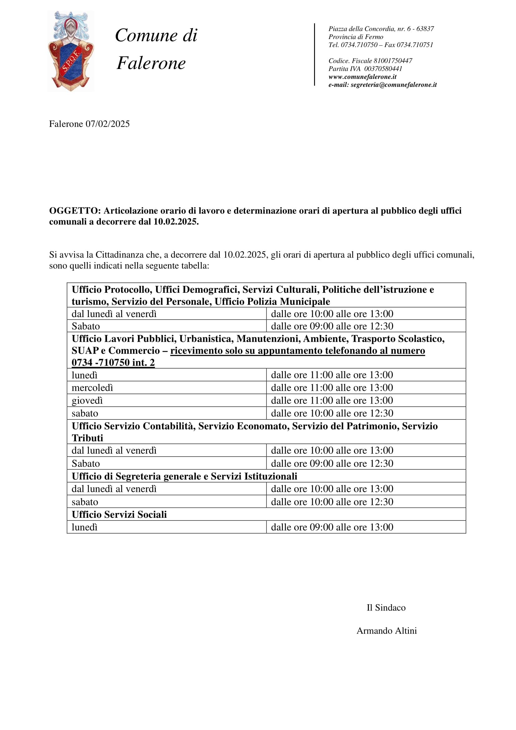 Orari di apertura al pubblico degli uffici comunali a decorrere dal 10.02.2025
